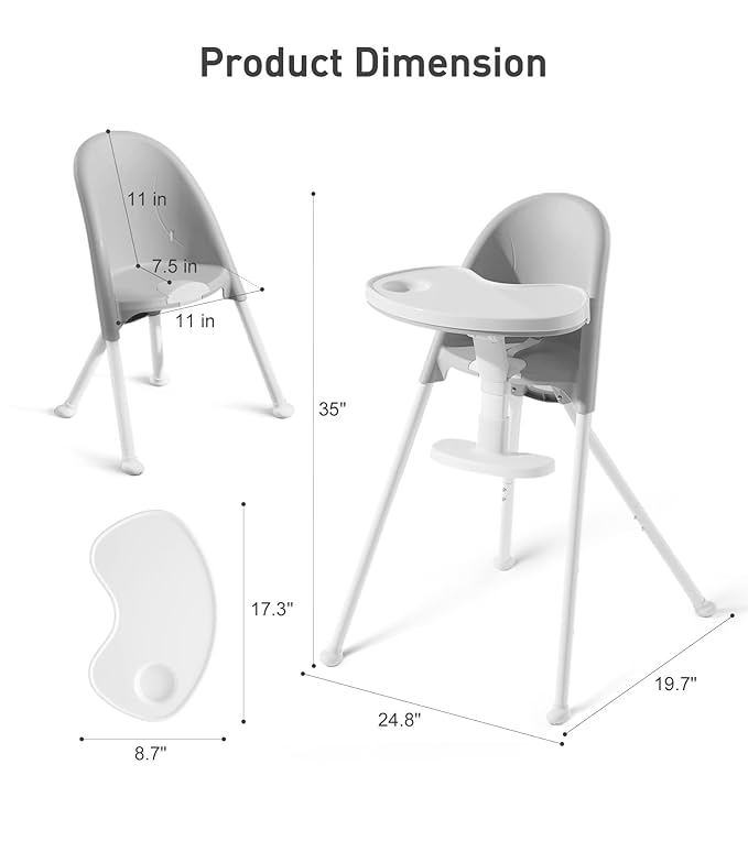 Funny Supply 3-in-1 Cute Folding High Chair, High Chairs for Babies and Toddlers, Modern Space Saving Highchair with Removable Double Tray, Easy to Clean, Light Weight Baby Feeding Chair, Gray