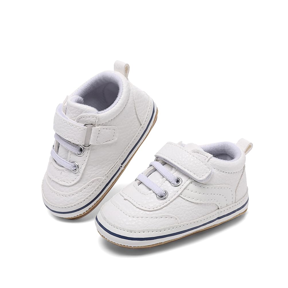 Clowora Baby Boys Girls Shoes Non-Slip Rubber Sole Sneakers Infant First Walking Toddler Crib Shoes Newborn Loafers Flats. (0611/White,0-6 Months)