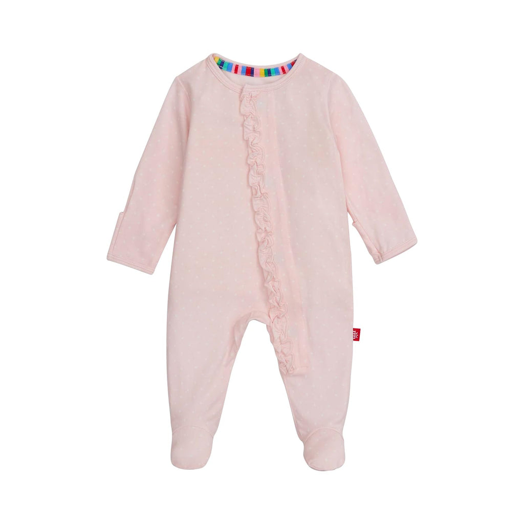 Magnetic Me Girls Modal Magnetic Baby Footie Pajamas | Silky Soft Modal Fabric | Pin Dot Pink Ruffle | 6-9 Months