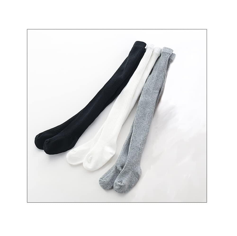 CECORC Girls Tights – Thick Toddlers Girl Leggings -Dance Socks–Seamless Cable Knit Cotton Stockings – Infants Pantyhose 3 Pack, 4-6 Years, White+Black+Grey