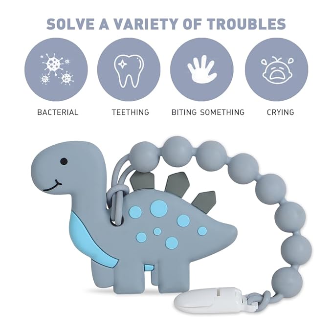 Baby Teething Toys,Food Grade Silicone Teether with One-Piece Pacifier Clip Holder,Shower Gift,Highly Effective Pain Relief for 3 Months+ Boy and Girl,BPA Free,Freezer Safe. (Dinosaur)