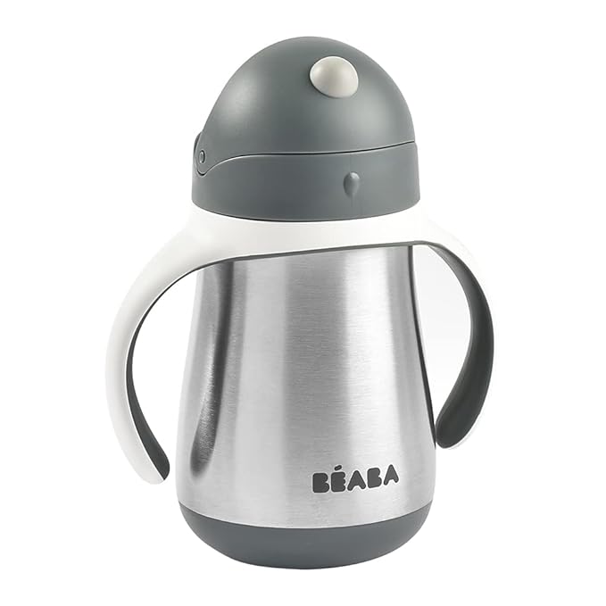 BEABA Stainless Steel Straw Sippy Cup, Insulated Toddler Cups Spill Proof with Removable Handles, Made with High Grade Stainless Steel, 8+ months, 8.5 oz, Charcoal