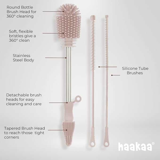 Haakaa Silicone Cleaning Brush Kit – Household Cleaning Brushes for Bottles and Crevices – Food-Grade Silicone: Dishwasher Safe (Kit-Grey)