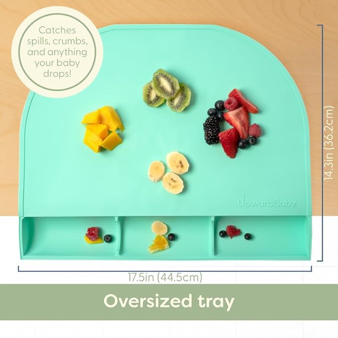 UpwardBaby Silicone Placemats for Toddlers - Food-Catching, Mint - Toddler Placemat with Food Catcher & Suction - Portable Table Mat for Baby - Non-Slip, Dishwasher Safe, BPA-Free
