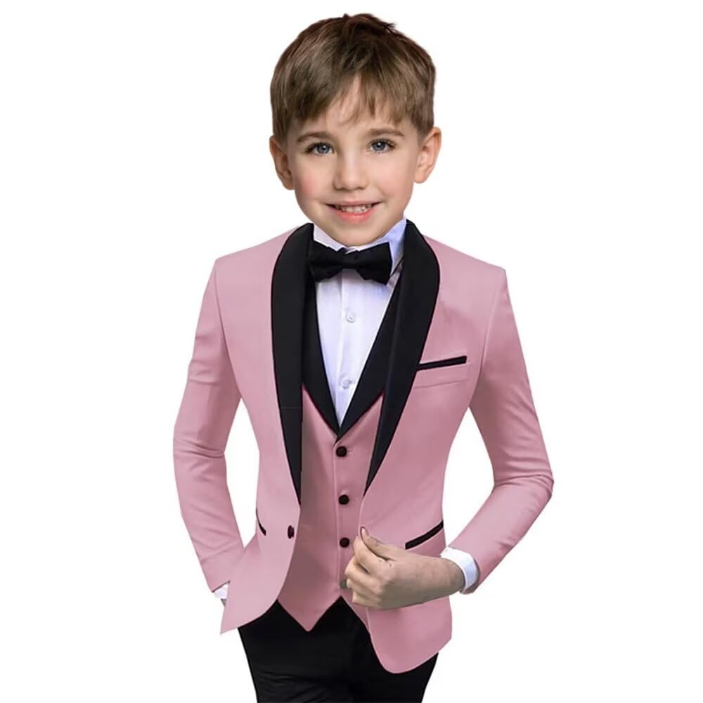 Boys Suit 3 Piece Ring Bearer Suit Kids Formal Jacket Vest Pants Suits Wedding Outfit for Party Prom Tuxedo-Pink-16