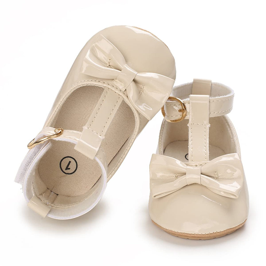 COSANKIM Baby Girls Mary Jane Flats Shoes Anti-Slip Rubber Sole Infant Toddler Princess Wedding Dress Shoes(01 Beige, 3-6 Months Infant)
