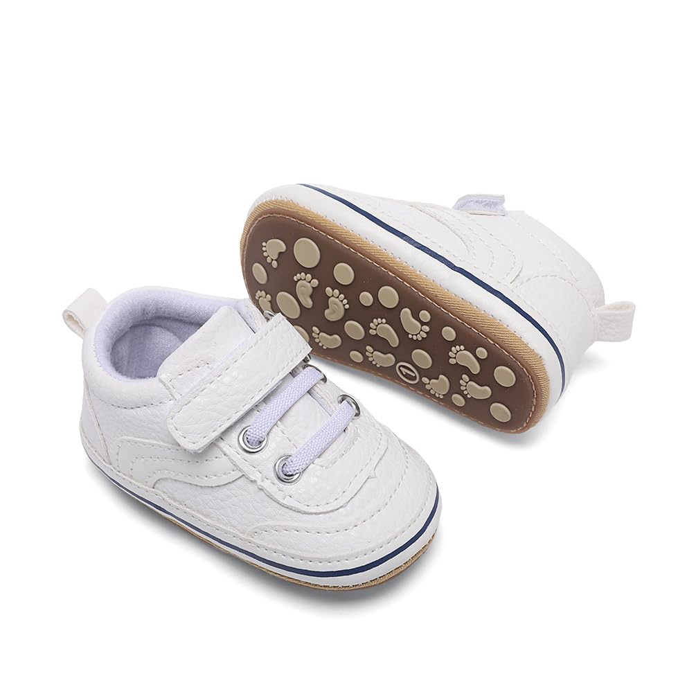 Clowora Baby Boys Girls Shoes Non-Slip Rubber Sole Sneakers Infant First Walking Toddler Crib Shoes Newborn Loafers Flats. (0611/White,0-6 Months)