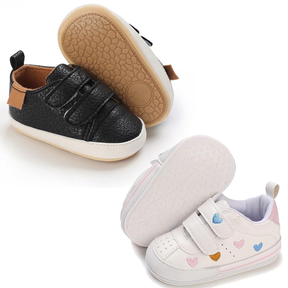 eitwo 2Pairs Baby Shoes,Boys Girls Non-Slip Rubber Sole Sneakers,Unisex Infant Soft Lightweight First Walking Crib Shoes (2Pairs_Heart+Black,3-6 Months)