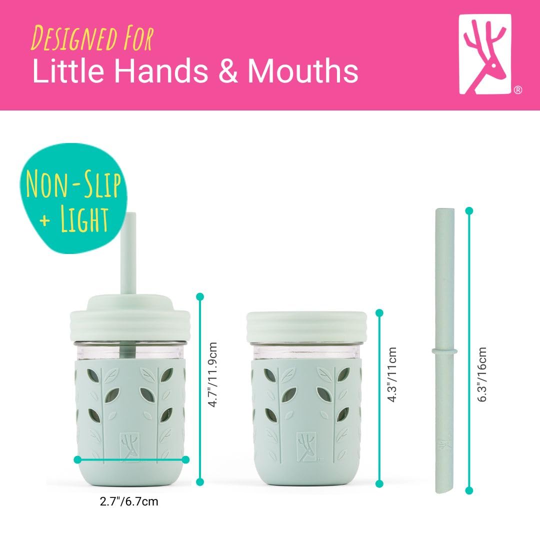 Elk and Friends Kids + Toddler Glass Cups | The Original 8oz Glass Mason Jar with Sleeves + Lids | Silicone Straws + Stopper | Smoothie Cup | Food Storage | Spill Resistant | Dishwasher Safe | 4 Pack