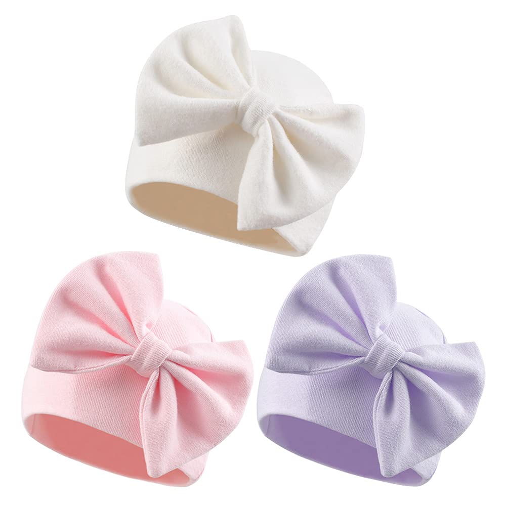 Bamery Newborn Baby Girl Hat Cotton Baby Bow Beanie Preemie Hats Spring Infant Hats for Girls 0-12 Months (US, Age, Preemie, 4PACK-B)