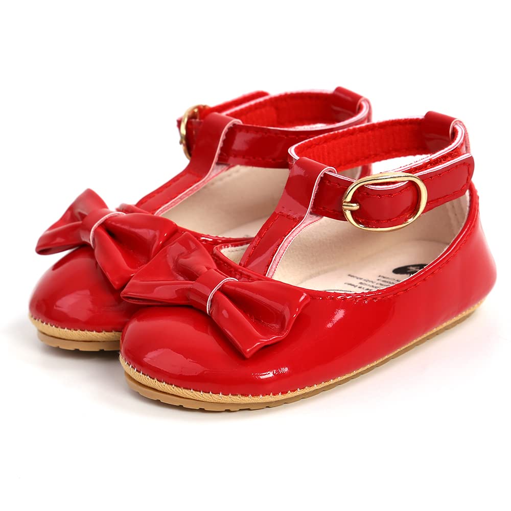 COSANKIM Baby Girls Mary Jane Flats Shoes Anti-Slip Rubber Sole Infant Toddler Princess Wedding Dress Shoes(01 Red, 6-12 Months Infant)