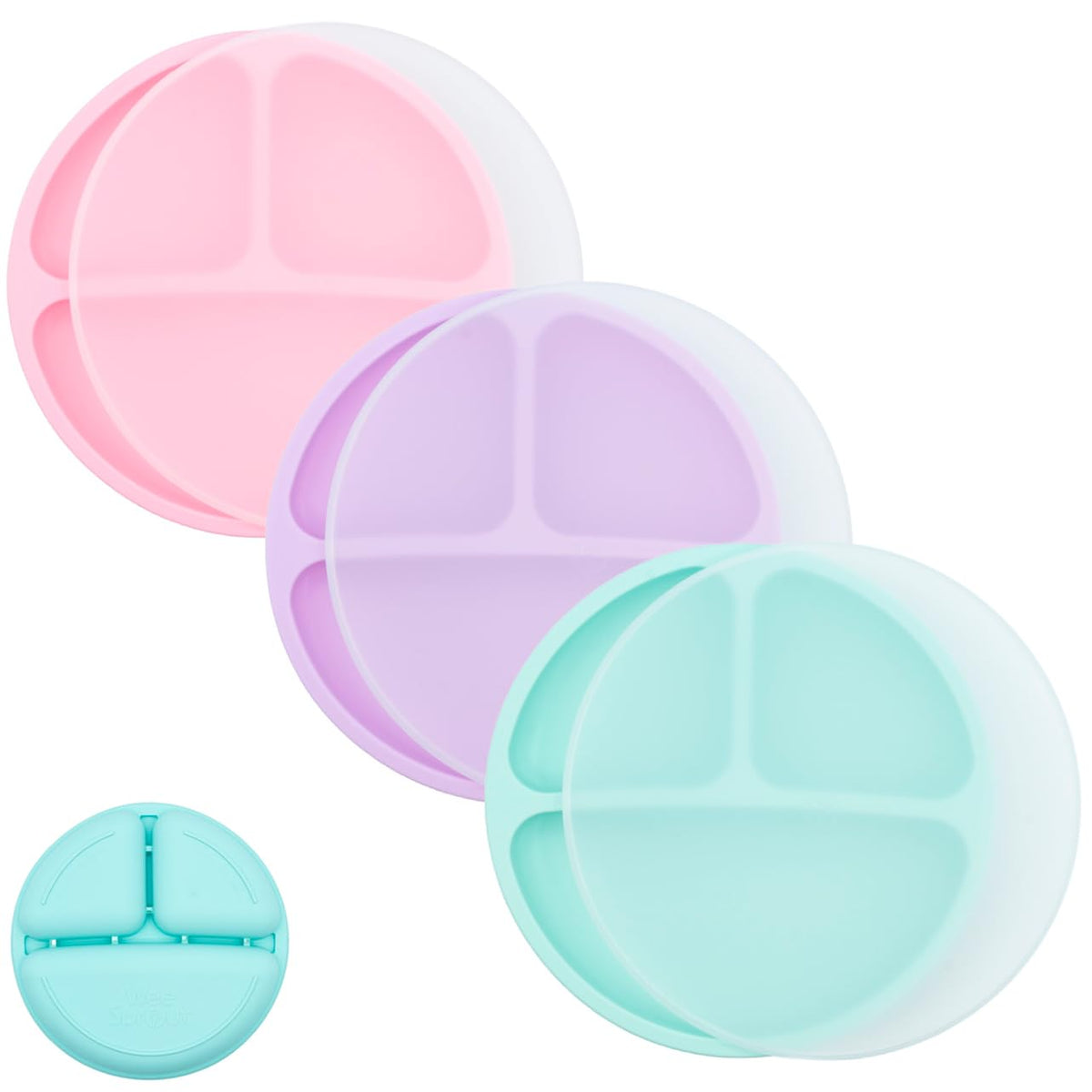 WeeSprout Silicone Plates for Babies & Toddlers (3 Pack) 100% Food-Grade Dishes for Self Feeding, Divided Design & Raised Edges for Picky Eaters, Dishwasher & Microwave Safe Weaning Supplies
