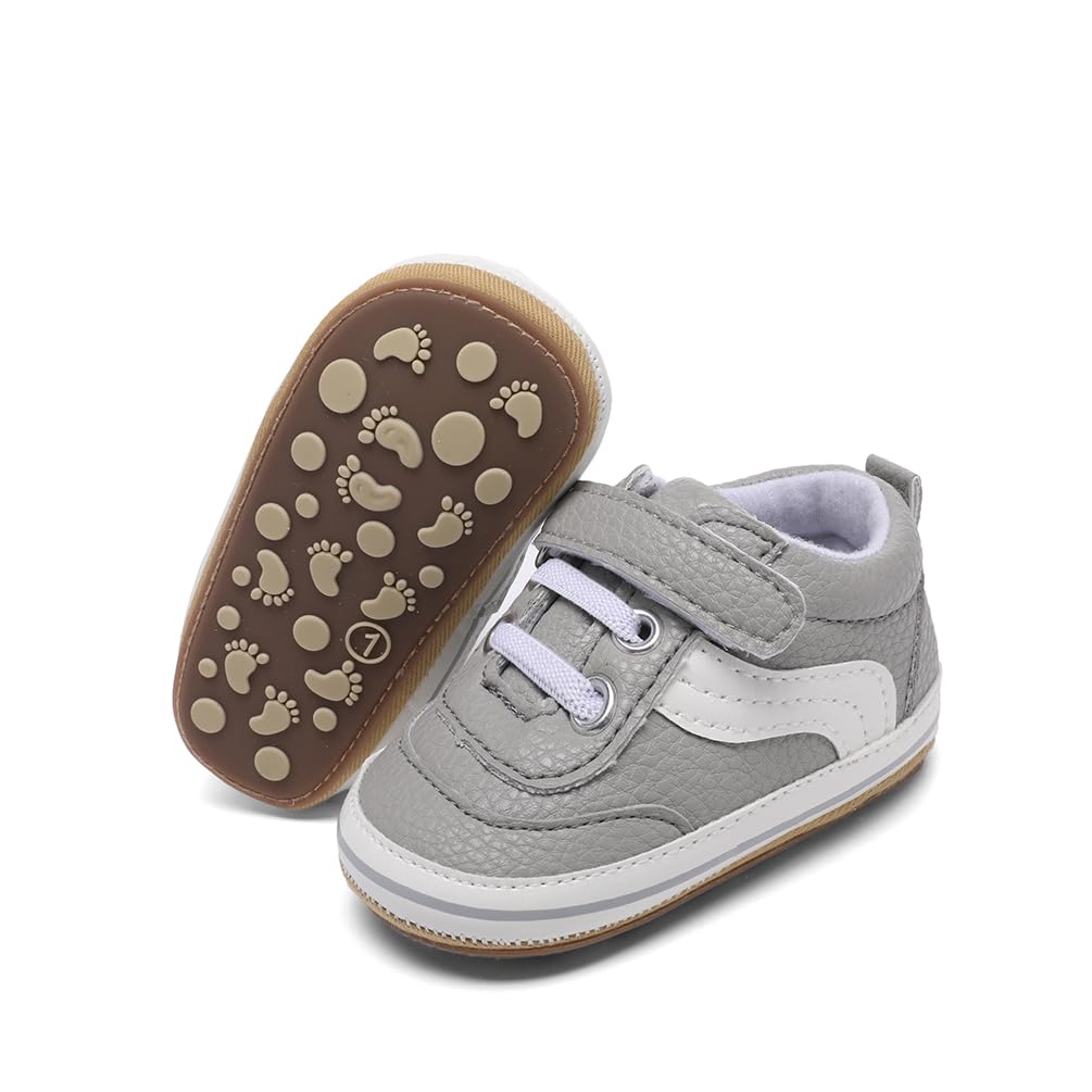 Clowora Baby Boys Girls Shoes Non-Slip Rubber Sole Sneakers Infant First Walking Toddler Crib Shoes Newborn Loafers Flats. (0611/Grey,6-12 Months)