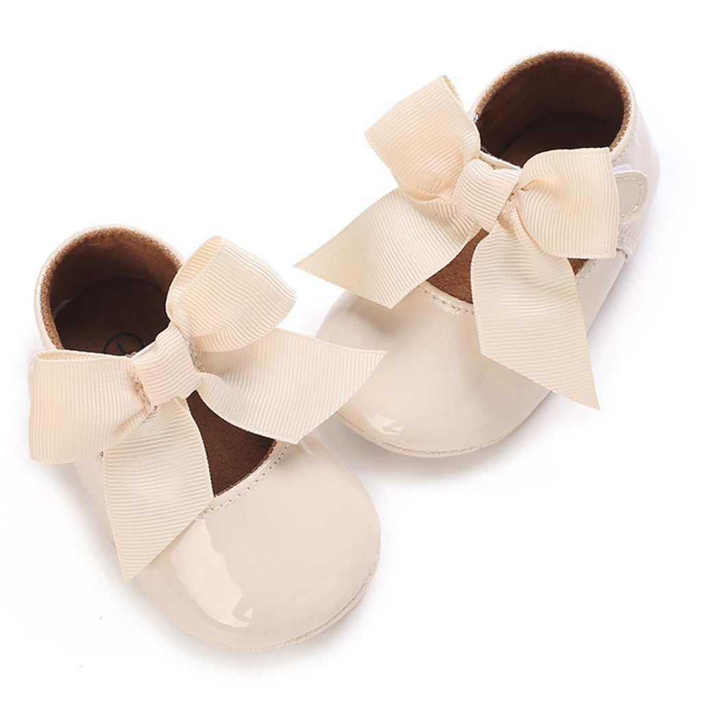 COSANKIM Baby Girls Mary Jane Flats Shoes Anti-Slip Rubber Sole Infant Toddler Princess Wedding Dress Shoes(12-18 Months Toddler, A/Beige)