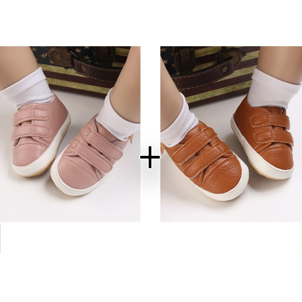eitwo 2Pairs Baby Shoes,Boys Girls Non-Slip Rubber Sole Sneakers,Unisex Infant Soft Lightweight First Walking Crib Shoes (2Pairs_Brown+Pink,6-12 Months)