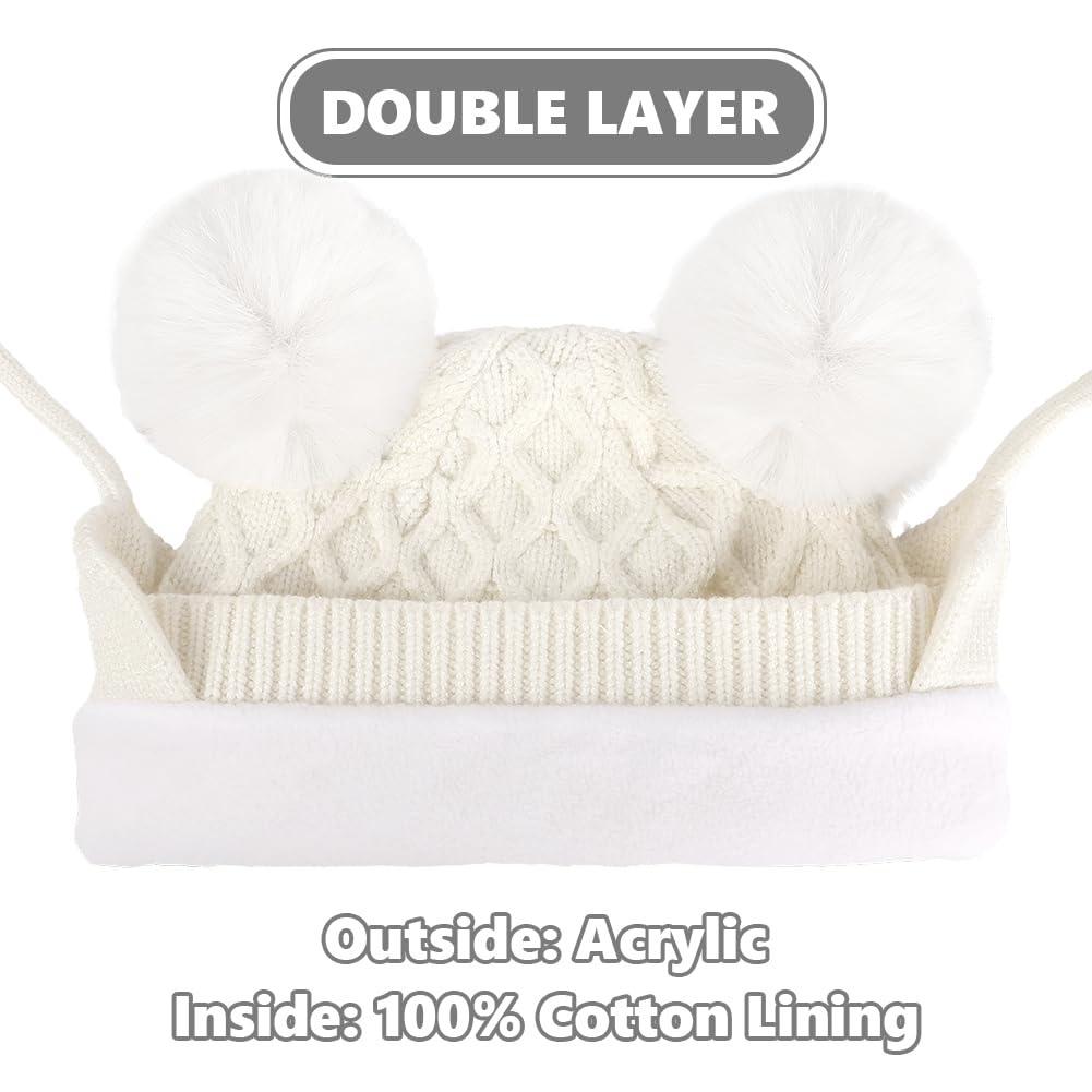 Labeol Baby Hats, Soft Warm Winter Knit Toddler Beanie with Windproof Earflap, Baby Beanie with Cute Pom-pom Ears, Fall Winter Hats for Toddler Kids Girls Boys (0-6M, White)