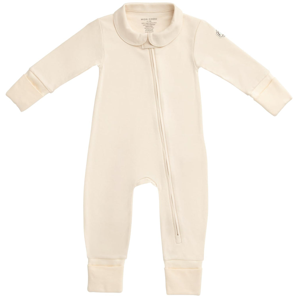MON CHOU 100% Organic Pima Cotton Baby Pajamas – Snug Fit Long Sleeve Fold-Over Mittens & Convertible Footie with 2-Way Zipper for Boys & Girls, Sizes 0–18M (Ivory, 3-6 Months)