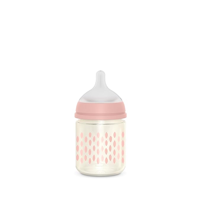 Suavinex Bonhomia Glass Baby Bottle with SX PRO Silicone Nipple, Anti Colic Baby Bottles, Baby Bottles for Breastfed Babies, Slow Flow, 0mo, 4oz, Pink