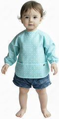 Plie Long Sleeve Waterproof Bib for Toddlers – Soft Feeding Smock for Baby Mealtime, Self-Feeding, Painting & Messy Play, BPA-Free, Easy Clean (6–24 Months) – Blue/Heart Dot