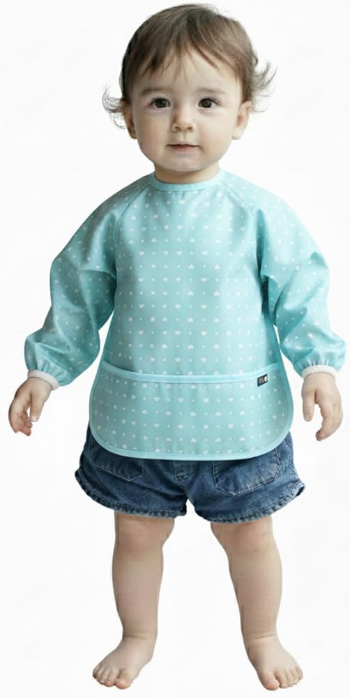 Plie Long Sleeve Waterproof Bib for Toddlers – Soft Feeding Smock for Baby Mealtime, Self-Feeding, Painting & Messy Play, BPA-Free, Easy Clean (6–24 Months) – Blue/Heart Dot