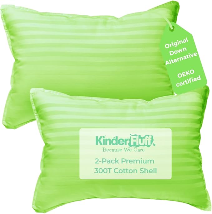 kinder Fluff Children Pillow (2Pack) 14x20in - Junior Pillows for Kids Age 4+, 100% Cotton Sateen Stripes Shell 300T, Down Alternative Fill, Machine Washable - Children & Travel Cushion - Green - M