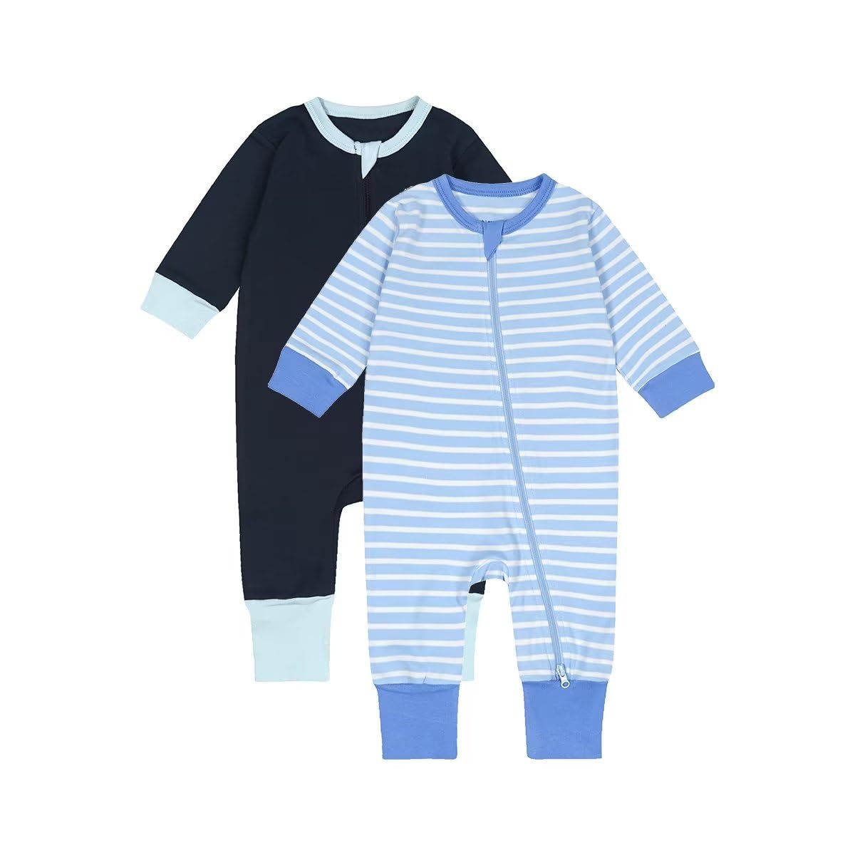 Teach Leanbh Toddler Baby Boys Girls 2-Pack Pajamas Cotton 2 Way Zipper Long Sleeve Footless Romper Sleep and Play (Navy+Blue Stripe, 3-4 Years)