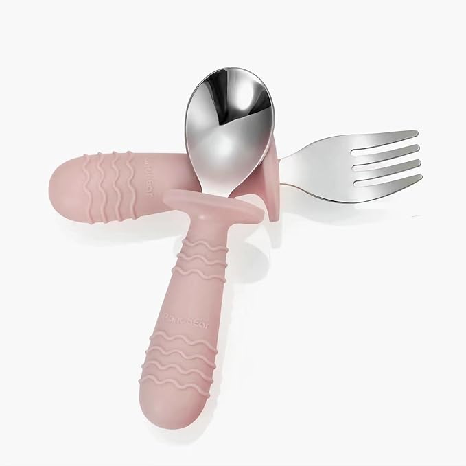 PandaEar 4 Set Baby Toddler Silicone Stainless Steel Utensils Silverware Spoon Fork for Baby Toddler BPA Free with Silicone Holding Anti-Choke Design (Pink&Grey)