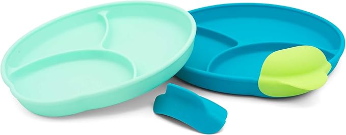 Silicone Easy Scoop & Hold Plate Set - Baby and Toddler Training Plates with Clip-On Rims for Easy Scooping, Self-Feeding and Baby Led Weaning, 6+ months (Ocean)