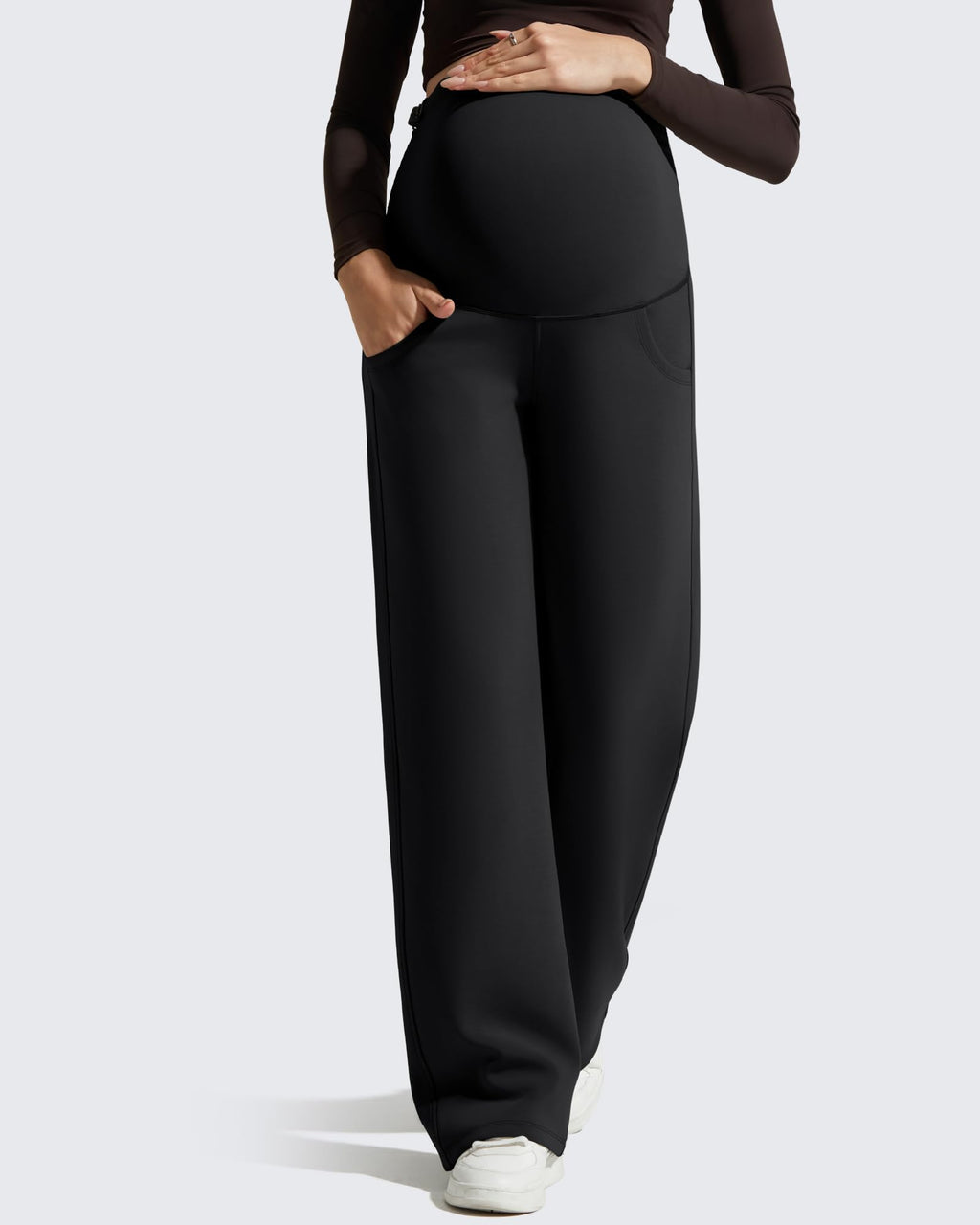 G4Free Maternity Sweatpants with Pockets Stretchy Wide Leg Yoga Lounge Trousers Pregnancy Casual Pants Over Bump(Black,M,Regular)