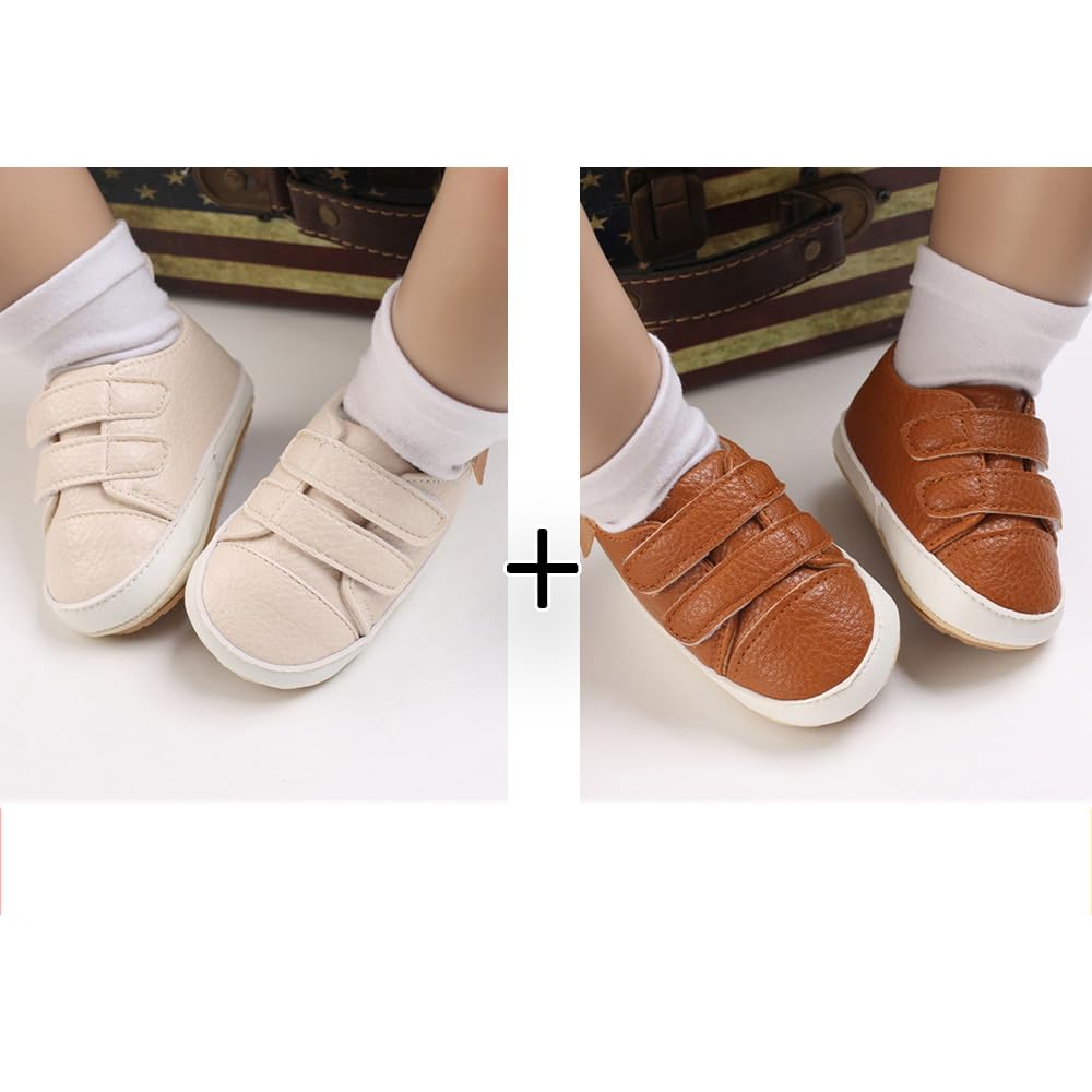 eitwo 2Pairs Baby Shoes,Boys Girls Non-Slip Rubber Sole Sneakers,Unisex Infant Soft Lightweight First Walking Crib Shoes (2Pairs_Brown+Beige,6-12 Months)