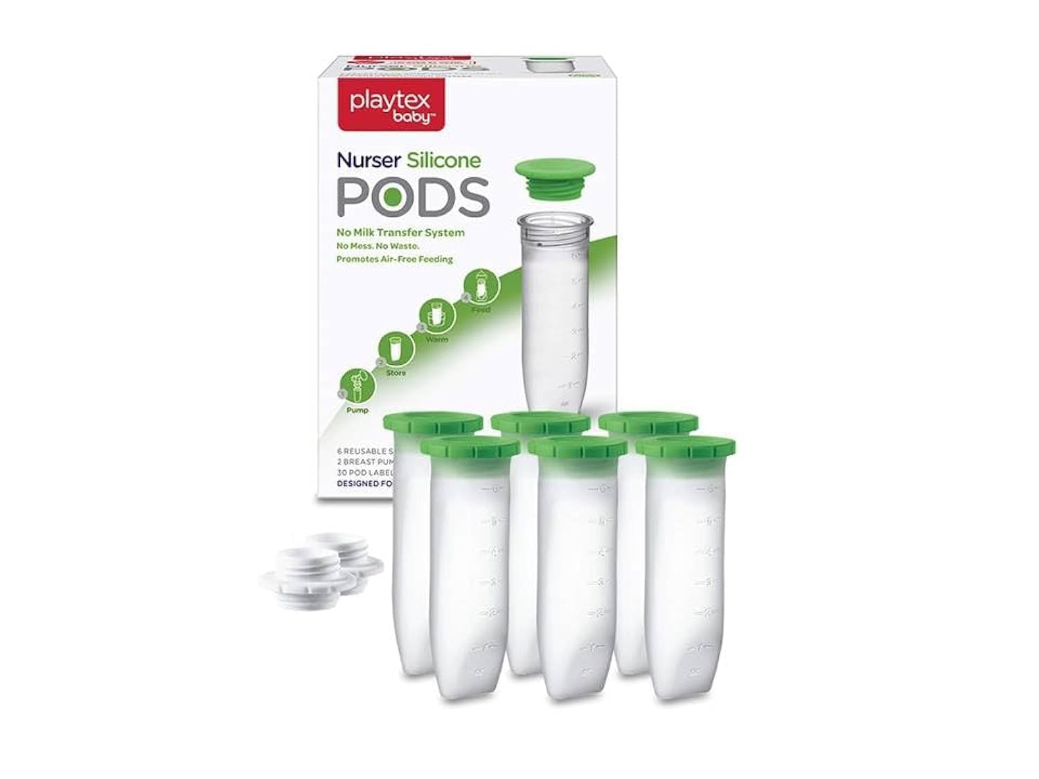 Playtex Baby Nurser Reusable Silicone PODS, 6 Oz (6 Count), Anti-Colic, Gas Reduction, Connects to Breast Pump, Freezer Friendly, Feeding Essentials for Newborn and Breastfeeding Babies