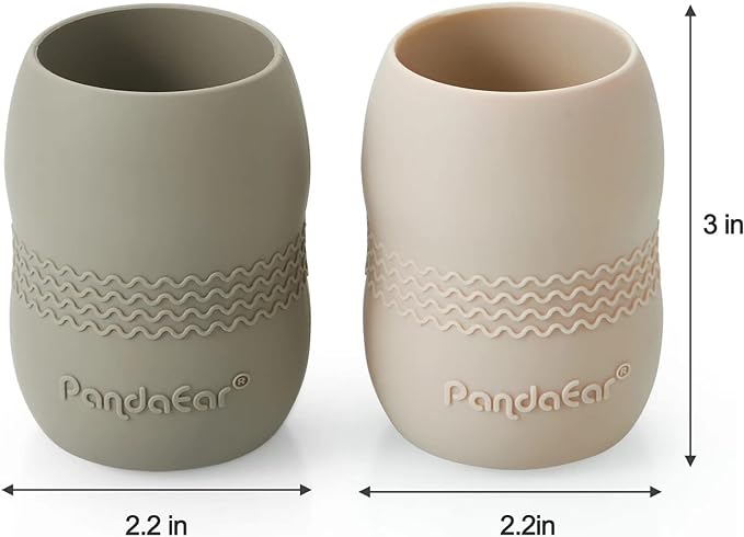PandaEar Silicone Baby Feeding Set| 2 Pack Silicone Divided Suction Plate and 2 Pack Tiny Cup with 2 Spoons 2 Forks| Baby Led Weaning Supplies Self Feeding Eating Utensils (Light Tan/Walnut)