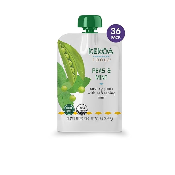 Kekoa Foods Peas & Mint Baby Food Purée | 100% USDA Certified-Organic Vegetarian Squeeze Pouch | Organic, Non-GMO, Gluten-Free, Vegan | Fiber & Protein Boosting First Food for Babies | 3.5 oz