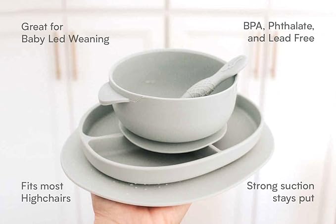 Ullabelle Toddler Plates & Bowls Complete Set w/Spoon - BPA Free 100% Food Grade Silicone - Microwave & Dishwasher Safe Baby Suction Plate, Bowl w/Lid, & Spoon - (Sage)