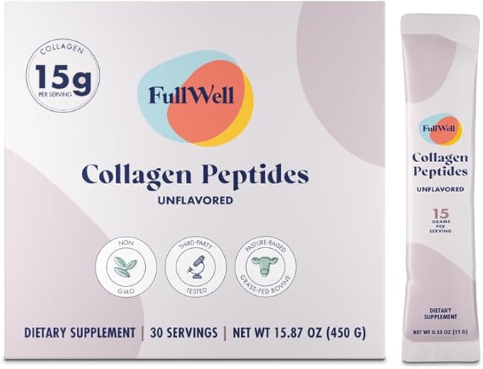 FullWell Hydrolyzed Collagen Peptide Stick Packs, Breastfeeding & Pregnancy Safe Grass-Fed Collagen Travel Packs, 15g Unflavored Collagen, 30 Servings