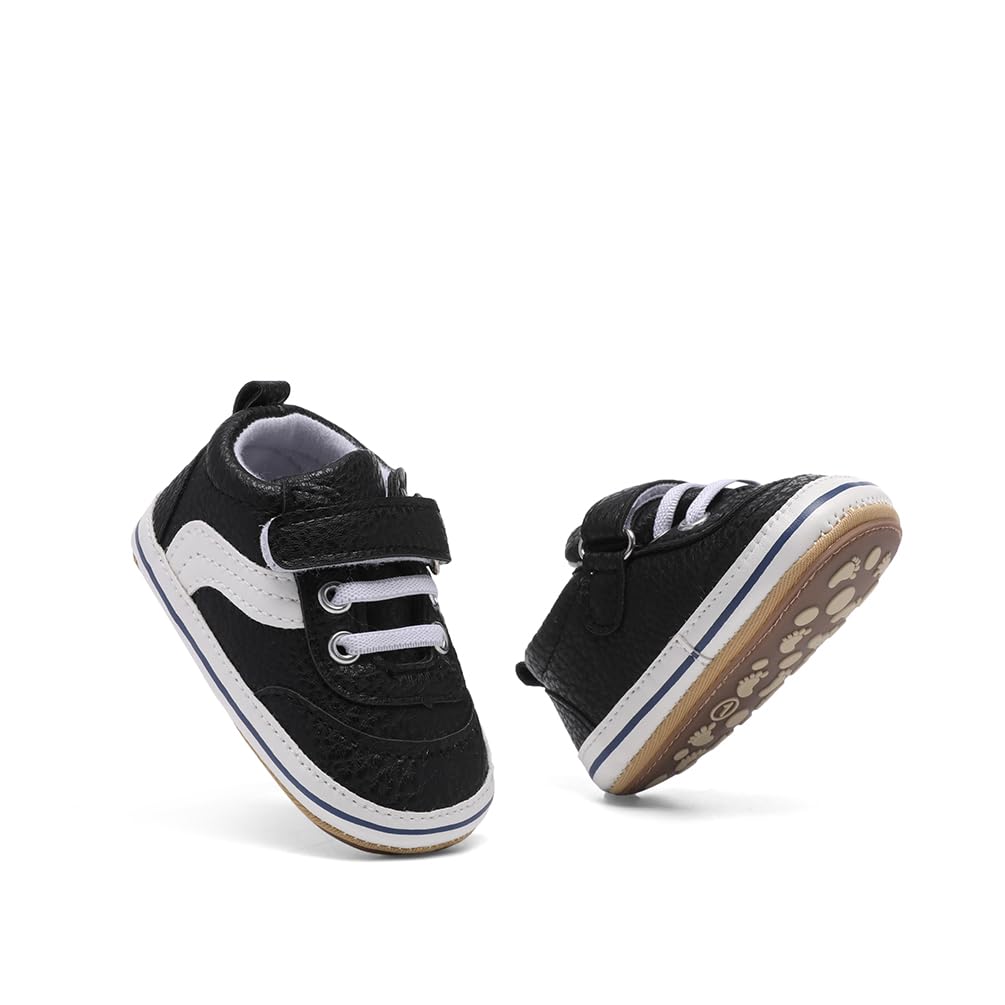Clowora Baby Boys Girls Shoes Non-Slip Rubber Sole Sneakers Infant First Walking Toddler Crib Shoes Newborn Loafers Flats. (0611/Black,0-6 Months)
