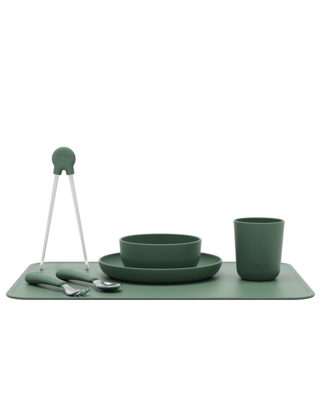Lalo Big Bites Kids Dinnerware Full Set - Dishwasher Safe, BPA Free, Kids Tableware Set - Includes Stackable Bowl, Plate, Utensils & Cup - 7 Pieces - Olive