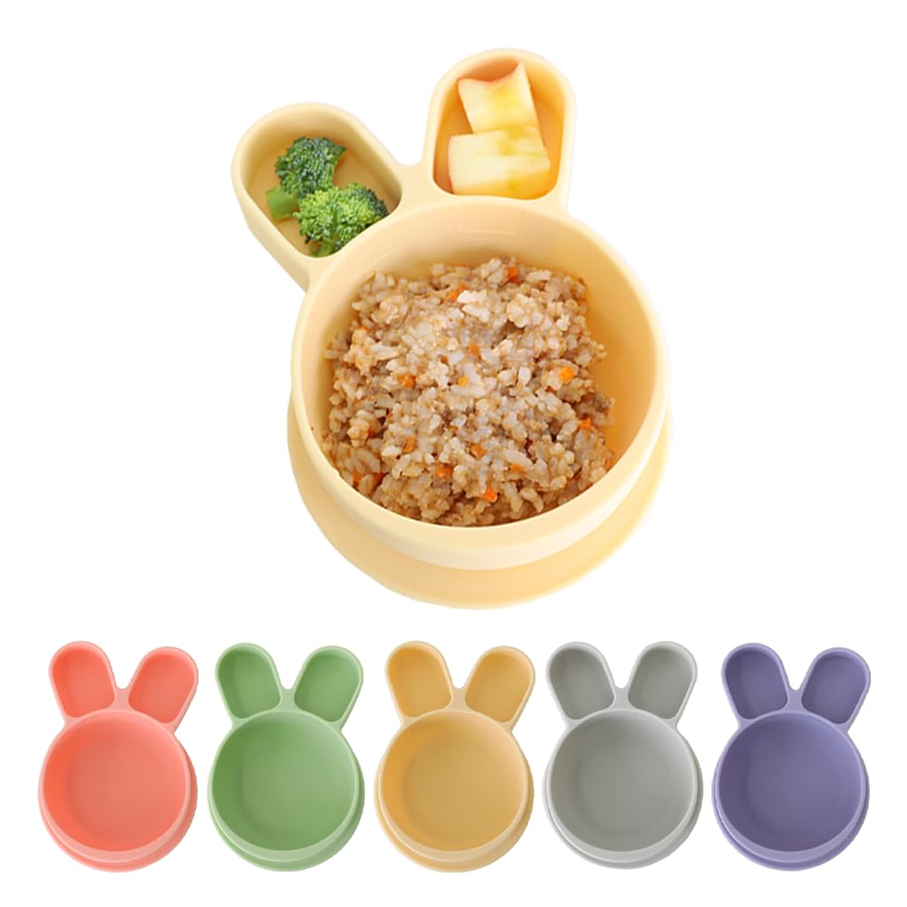 SILUNITY Baby Plates with Suction - Self-Feeding Tools for Baby - Made in Korea - Suction Plates Feeding Essentials - Ideal Baby Food Plates - Perfect Design for Toddlers (Yellow, Rabbit)