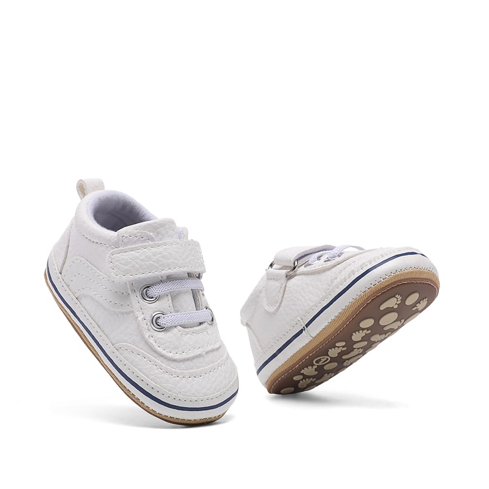 Clowora Baby Boys Girls Shoes Non-Slip Rubber Sole Sneakers Infant First Walking Toddler Crib Shoes Newborn Loafers Flats. (0611/White,0-6 Months)