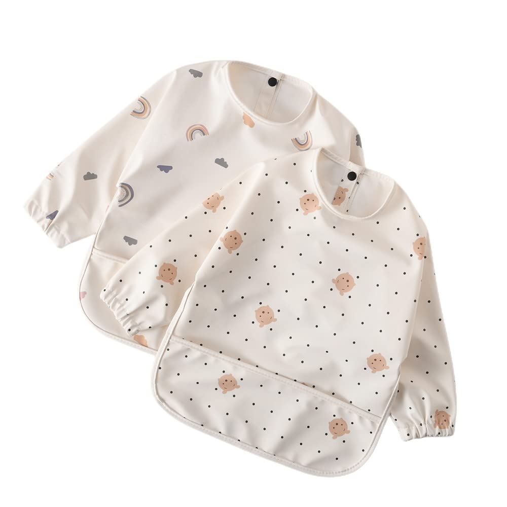 GZMM Waterproof Baby Bibs,Infant Toddler Long Sleeve Feeding Bib With Food Catcher,Easy Clean & Washable