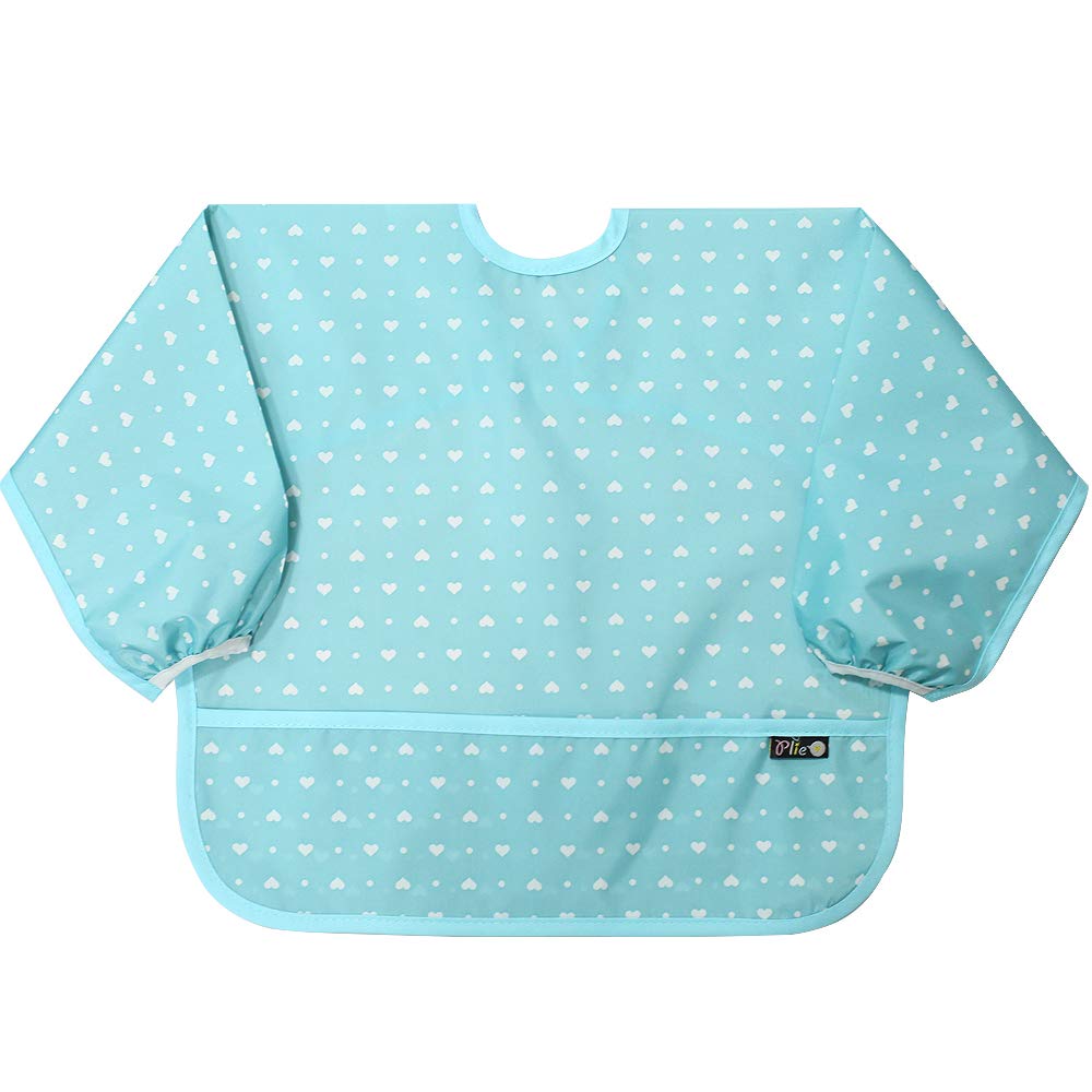 Plie Long Sleeve Waterproof Bib for Toddlers – Soft Feeding Smock for Baby Mealtime, Self-Feeding, Painting & Messy Play, BPA-Free, Easy Clean (6–24 Months) – Blue/Heart Dot