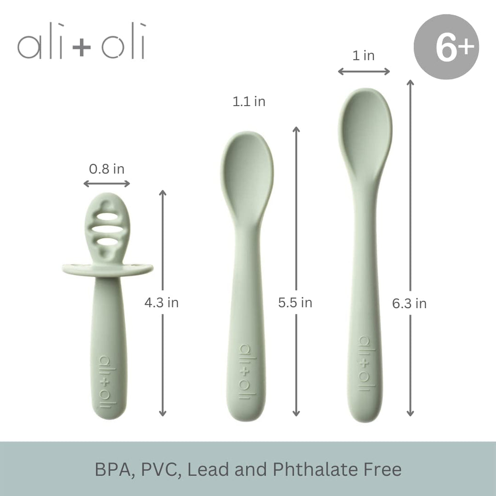 Ali+Oli (3pc) Silicone Spoon Set for Baby (Pine) Unbreakable Baby Spoons, Self Feeding Utensils, Multi-stage Design, Ergonomic Handle