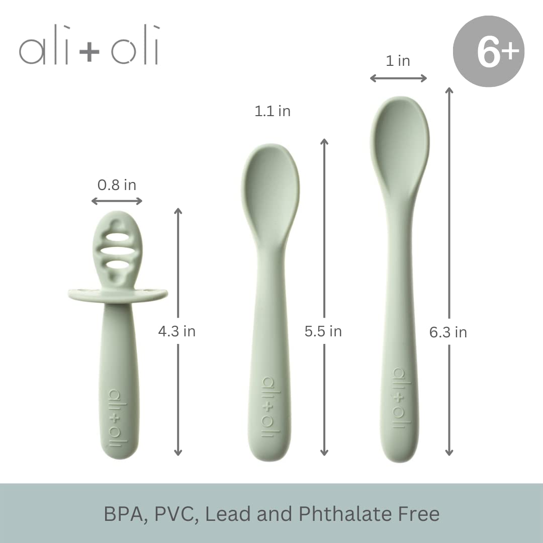 Ali+Oli (3pc) Silicone Spoon Set for Baby (Pine) Unbreakable Baby Spoons, Self Feeding Utensils, Multi-stage Design, Ergonomic Handle