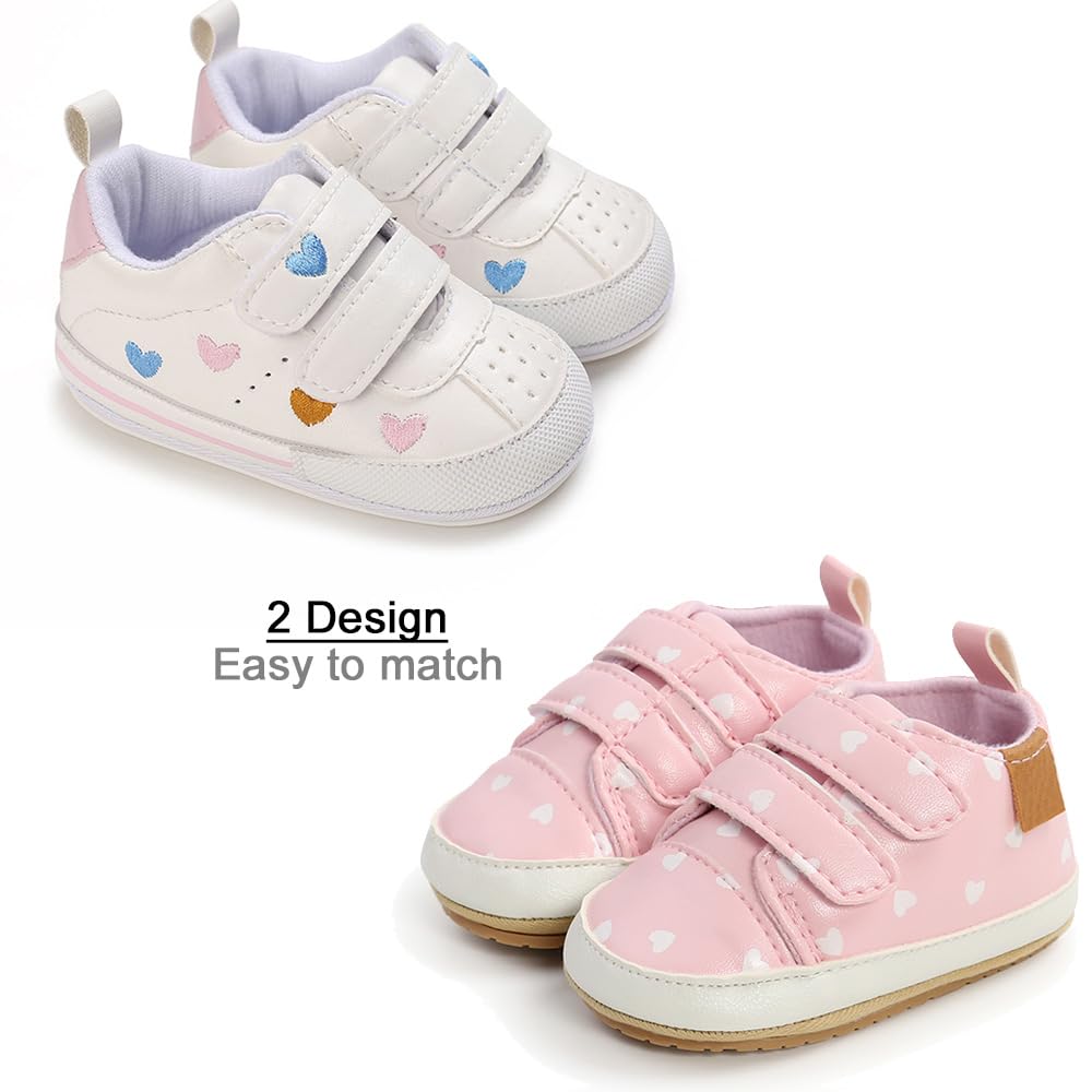 Clowora Baby Boys Girls Shoes Non-Slip Rubber Sole Sneakers Infant First Walking Toddler Crib Shoes Newborn Loafers Flats. (11/2 Pairs_Multi Color+Pink Heart,0-6 Months)