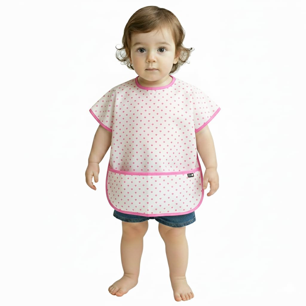 Plie Short Sleeve Waterproof Bib for Toddlers – Easy Clean Feeding Apron for Mealtime, Daycare, Self-Feeding & Messy Play, Lightweight BPA-Free Baby Bib (6–24 Months) - Pink Heart
