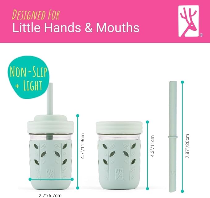 Elk and Friends Kids + Toddler Glass Cups | The Original 8oz Glass Mason Jar with Sleeves + Lids | Silicone Straws + Stopper | Smoothie Cup | Food Storage | Spill Resistant | Dishwasher Safe | 8 Pack