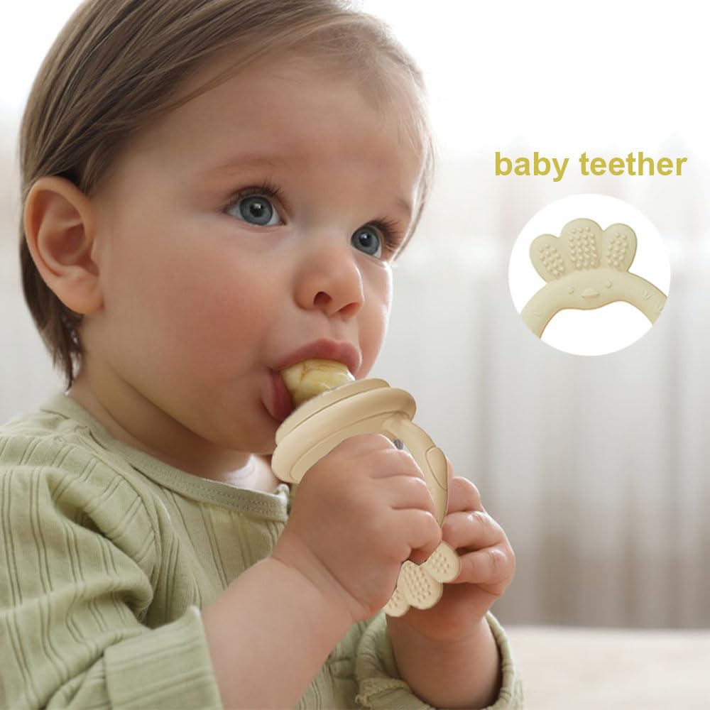 Baby Food Fruit Feeder with Freezer Tray Breastmilk Popsicle Molds Silicone Fruit Feeder for Self Feeding Teething Relief Toys (Yellow)
