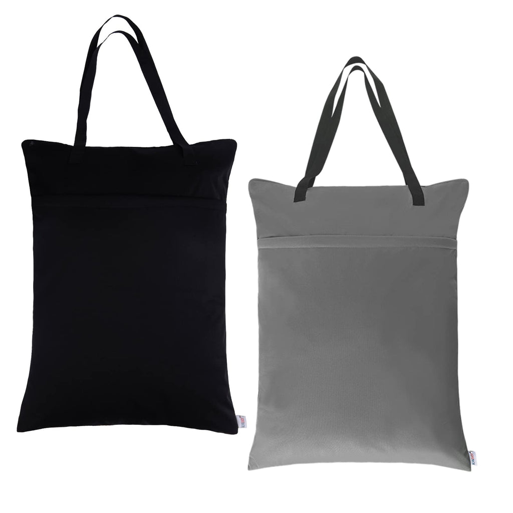 ALVA ALVABABY 2 Pack Large Wet Dry Bag Waterproof Hanging Cloth Diaper with Double Zippered Pockets 25x18 inches (Black and grey)