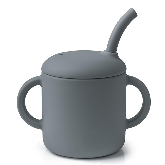 Silicone Baby Cup with Straw, Straw Cup for 6 Months+, Leak Proof, 6 fl oz (Grey)