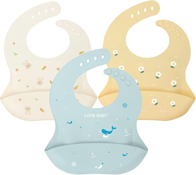 Baby Silicone Feeding Bibs, 3pcs Adjustable Waterproof Bibs for Feeding